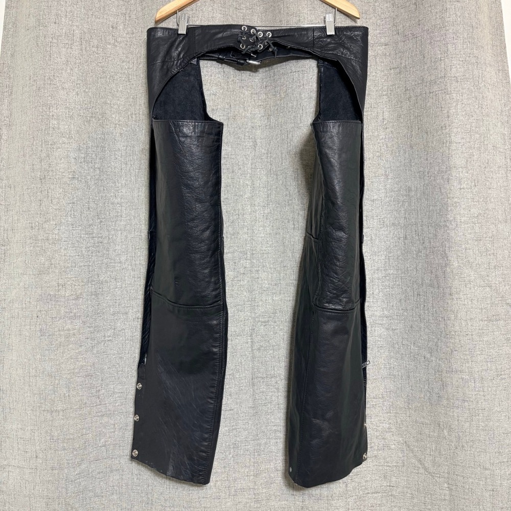 Hot Leathers Men Black Leather Motorcycle Chaps XL Biker Riding Gear Belted Snap - Picture 2 of 8